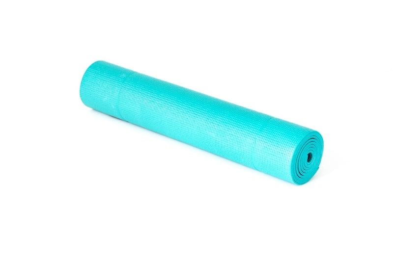 A rolled turquoise exercise mat on a white background