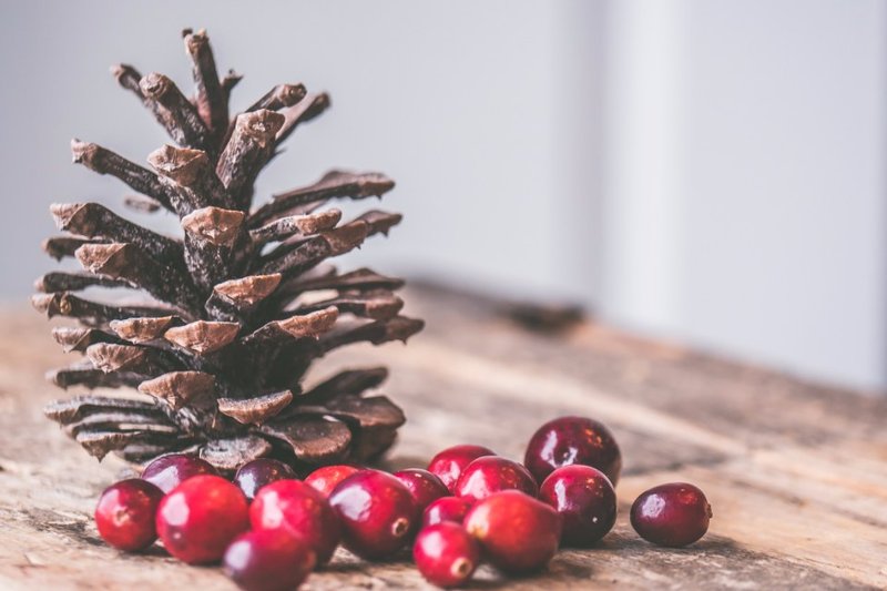 A pine cone and red cranberries on a wooden surface